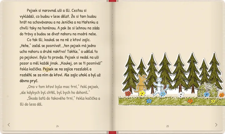 Pejsek a kočička v lese, ze křoví na ně kouká zajíc